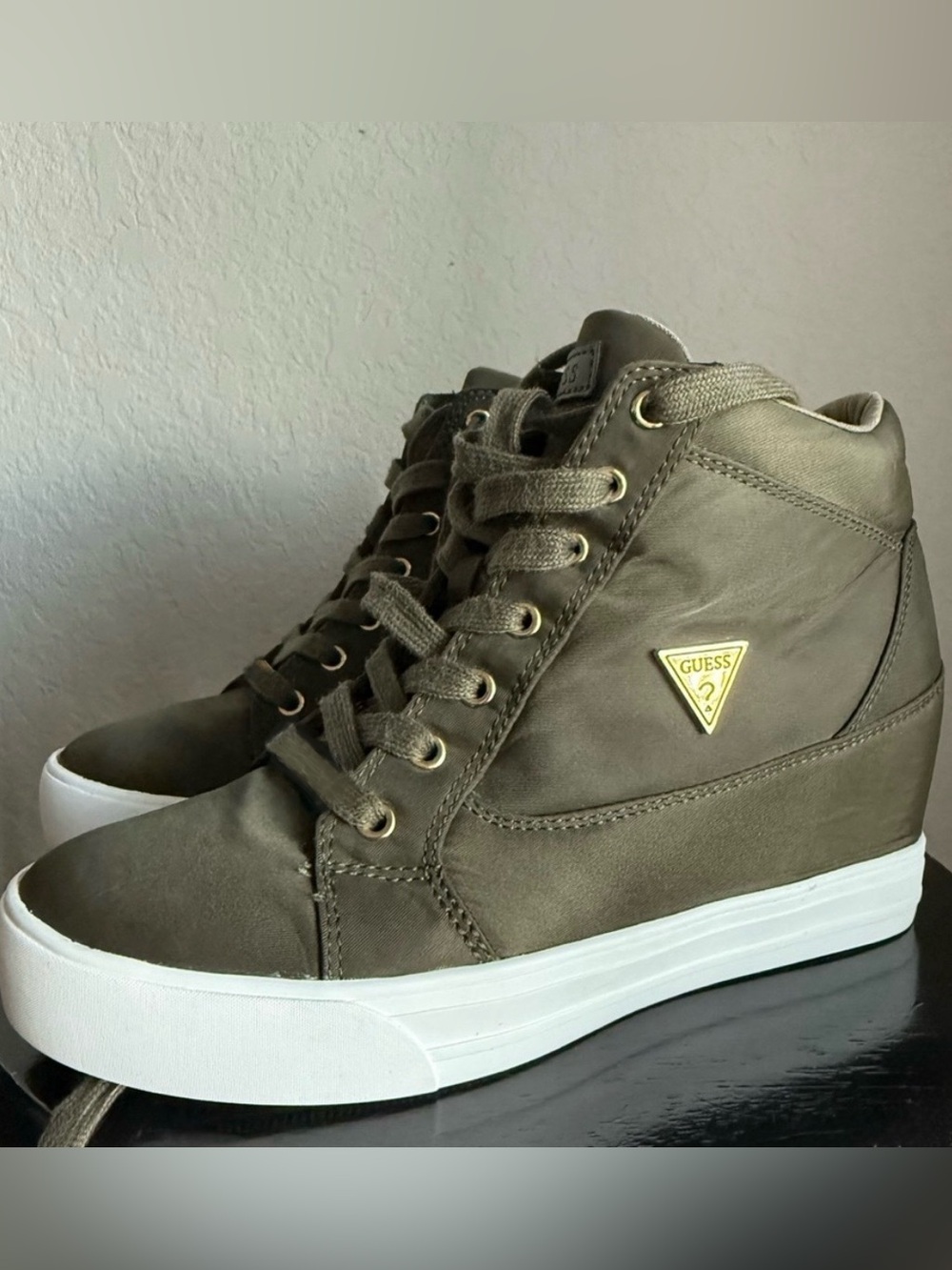 Guess Olive Green Lace-Up High-Top Sneakers with Gold Logo